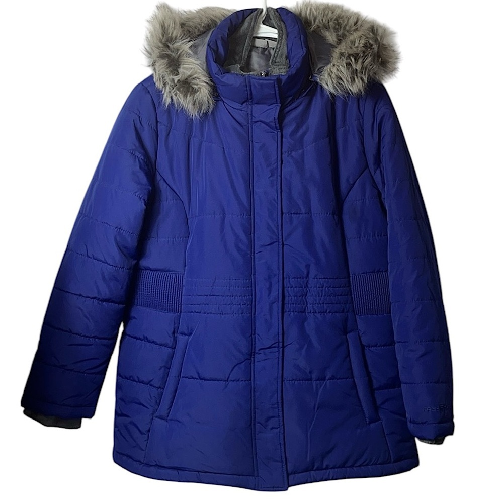 FREE TECH hooded (removable) double zip puffer coat Sz XL Grape Blue